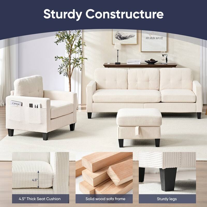 Mixoy 76'' L-Shaped Sofa Set,Corduroy Sectional Sofa,Mid Century 3-Seater Sofa with Storage Ottoman/Loveseat/Single Sofa