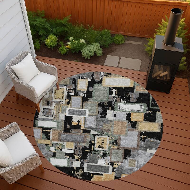 Machine Washable Indoor/ Outdoor Contemporary Geo Chantille Rug - Black - 8' x 8'