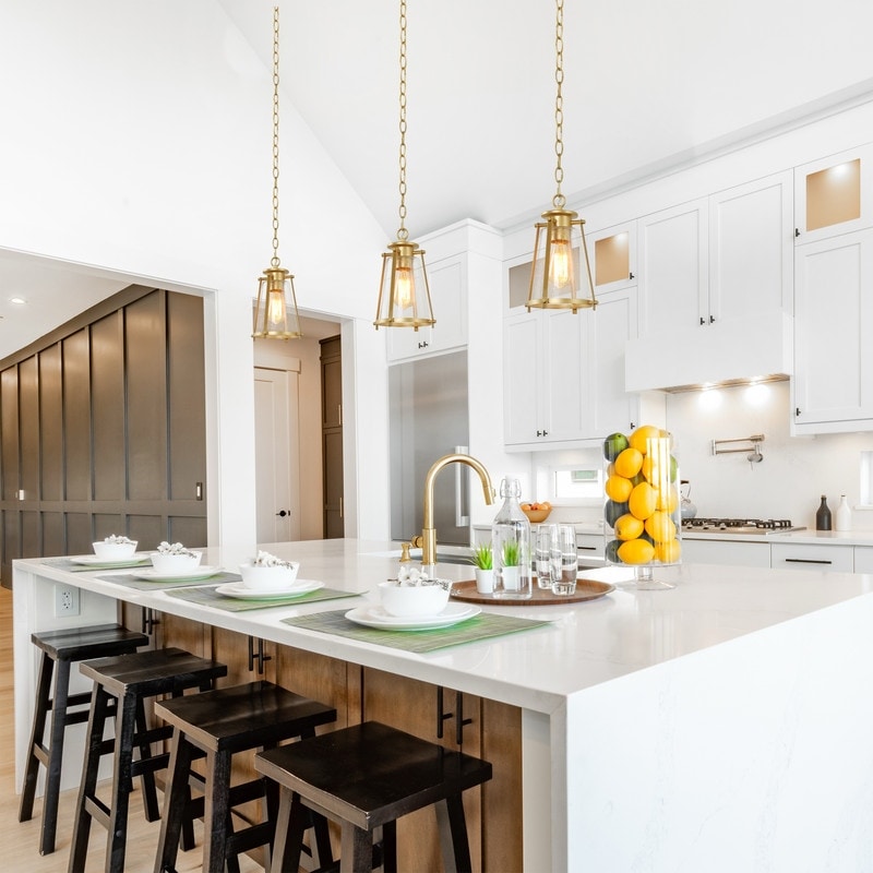 LALUZ Modern 1-Light Gold Pendant Glass Kitchen Island Light for Dining Room