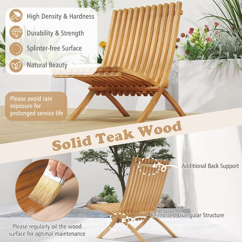 Gymax 2 PCS Folding Patio Chair Teak Wood Outdoor Lounge Chair w/