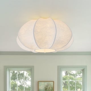 Round Pleated Lantern White Silk Flush Mount Ceiling Light