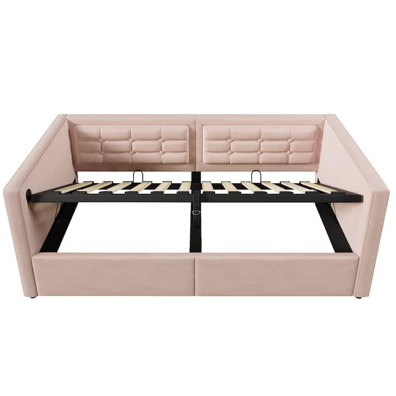 Velvet Tufted Upholstered Daybed Hydraulic Storage Twin Bed Frame with USB & Type-C Charging, Side Pockets and Wooden Slats