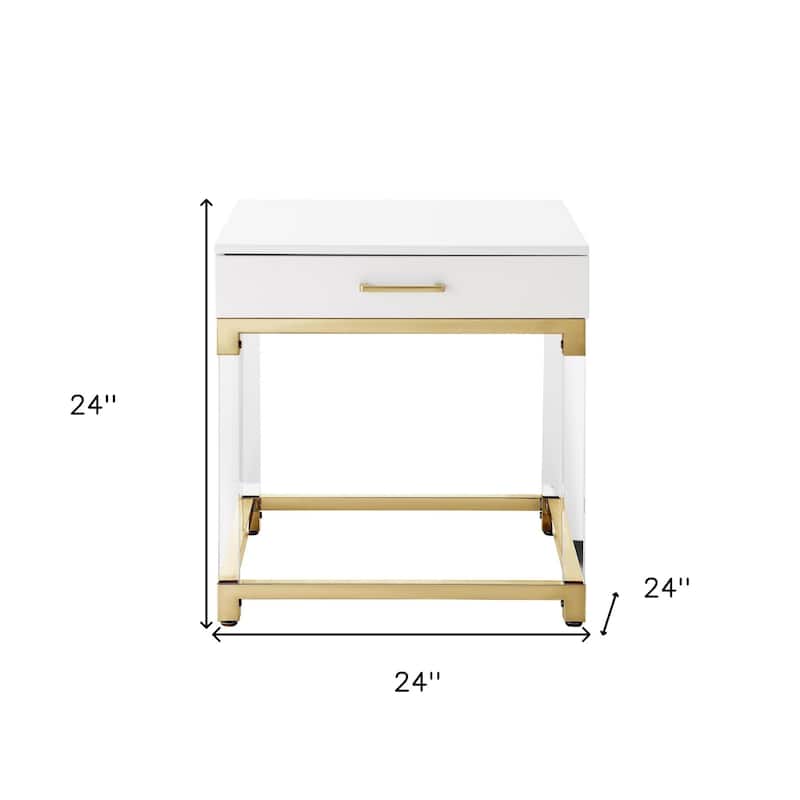 HomeRoots 24" White and Gold Wood Acrylic and Stainless Steel Square End Table With Drawer - 24' X '24' X '24