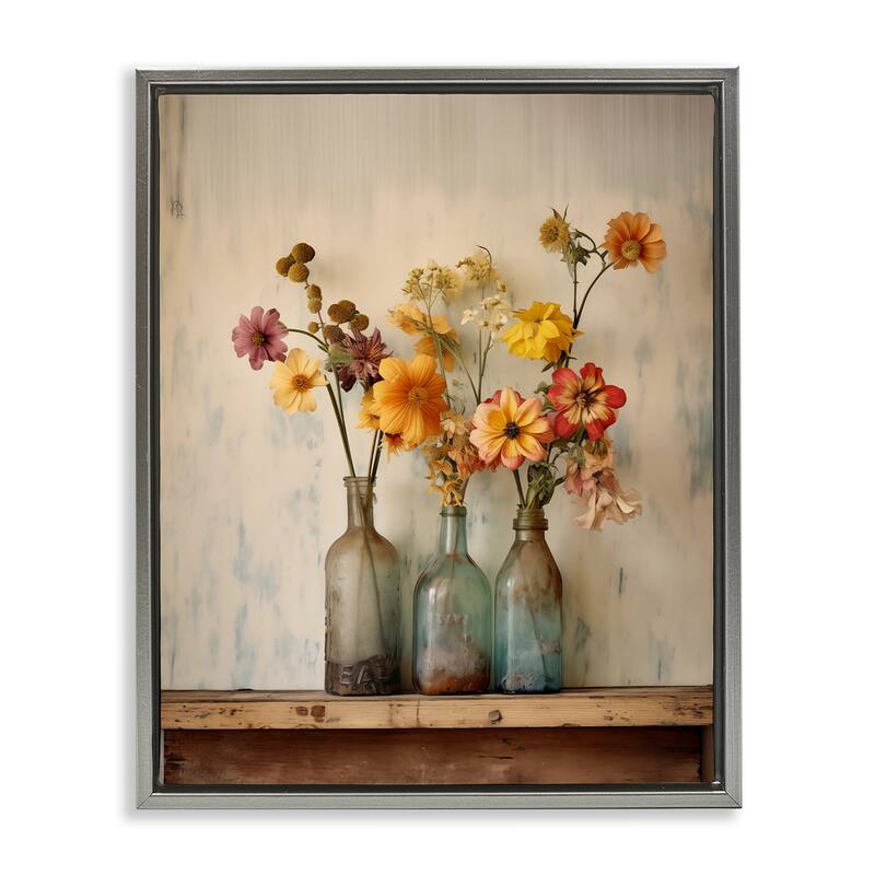 Stupell Rustic Spring Flowers Shelf Framed Floater Canvas Wall Art Design By Arlington Prints - 17 x 21 - Grey