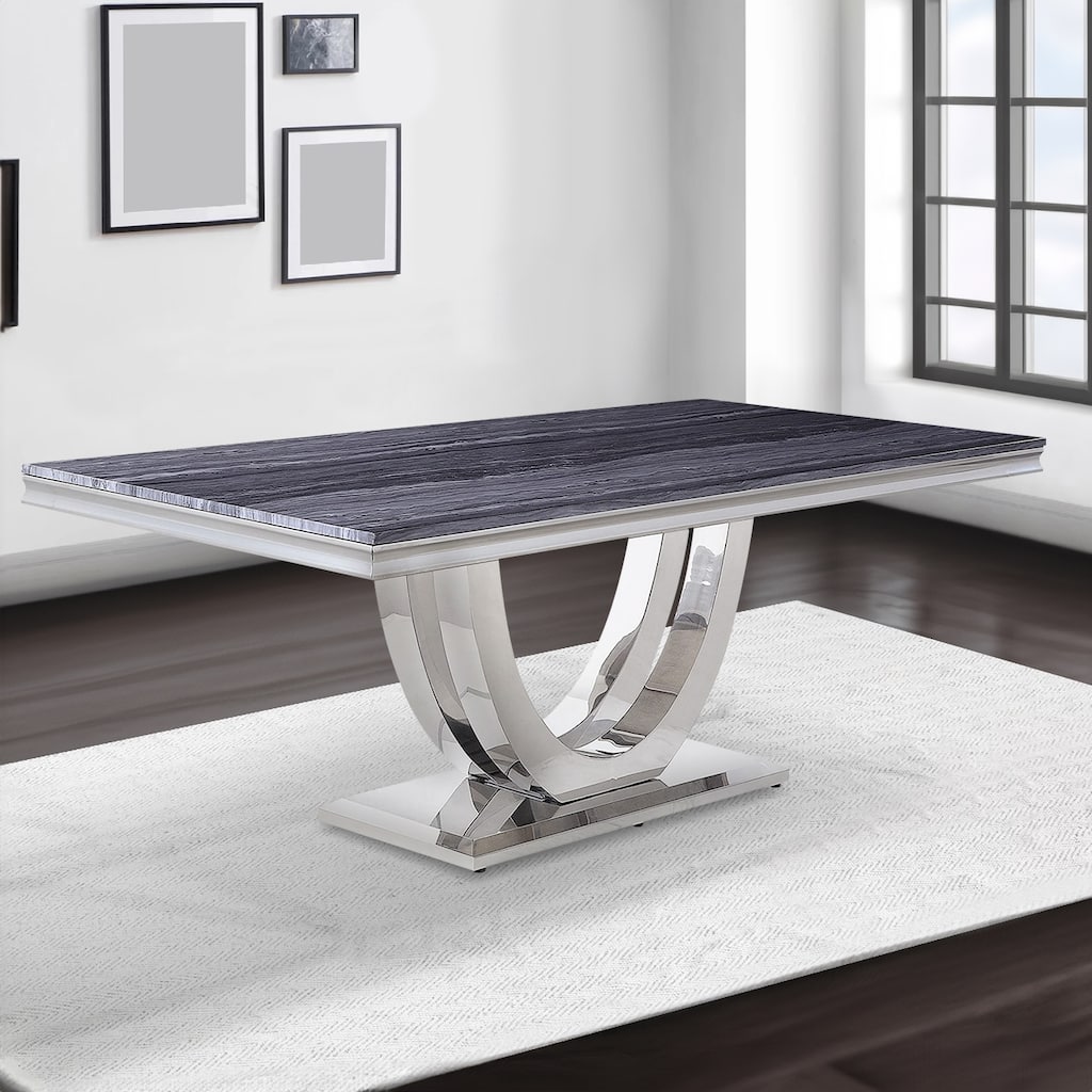 Dining Table with Faux Marble Top and Open Pedestal Base, Chrome