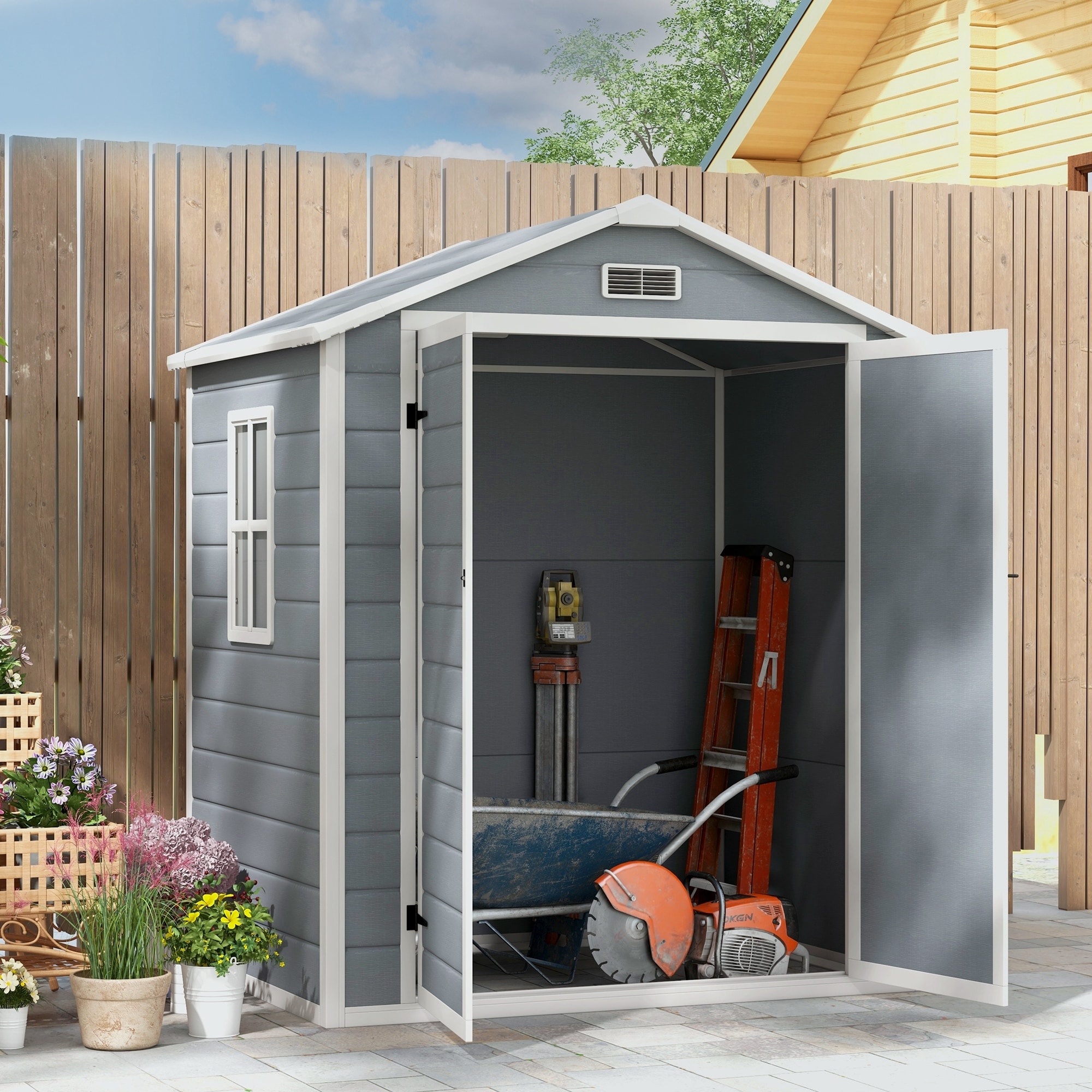Outsunny Outdoor Storage Shed, 6' x 4.5' Garden Shed with Double Lockable Doors, Vent and Window, Plastic Utility Tool Shed