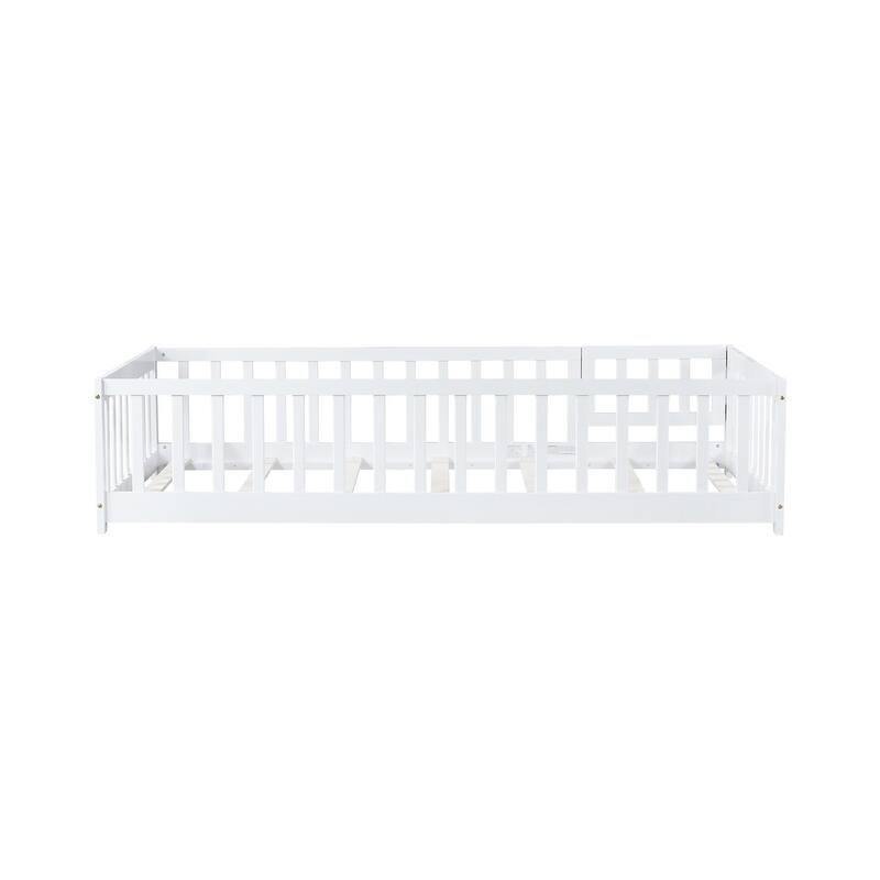 Twin/Full/Queen Size Floor Bed with Fence Guardrails and Door, Rubber Wood Toddler Bed Montessori Bed with Slats Support