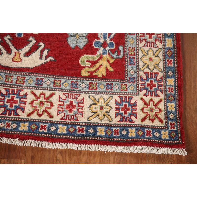 Geometric Red Kazak Oriental Rug Handmade Traditional Wool Carpet - 3'4"x 5'3"