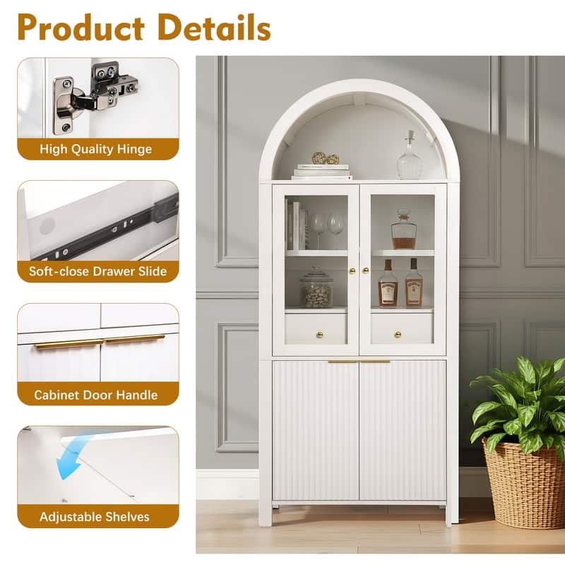 71" Tall Fluted Arched Pantry Cabinet with Glass Doors and Adjustable Shelves for Elegant Kitchen Storage