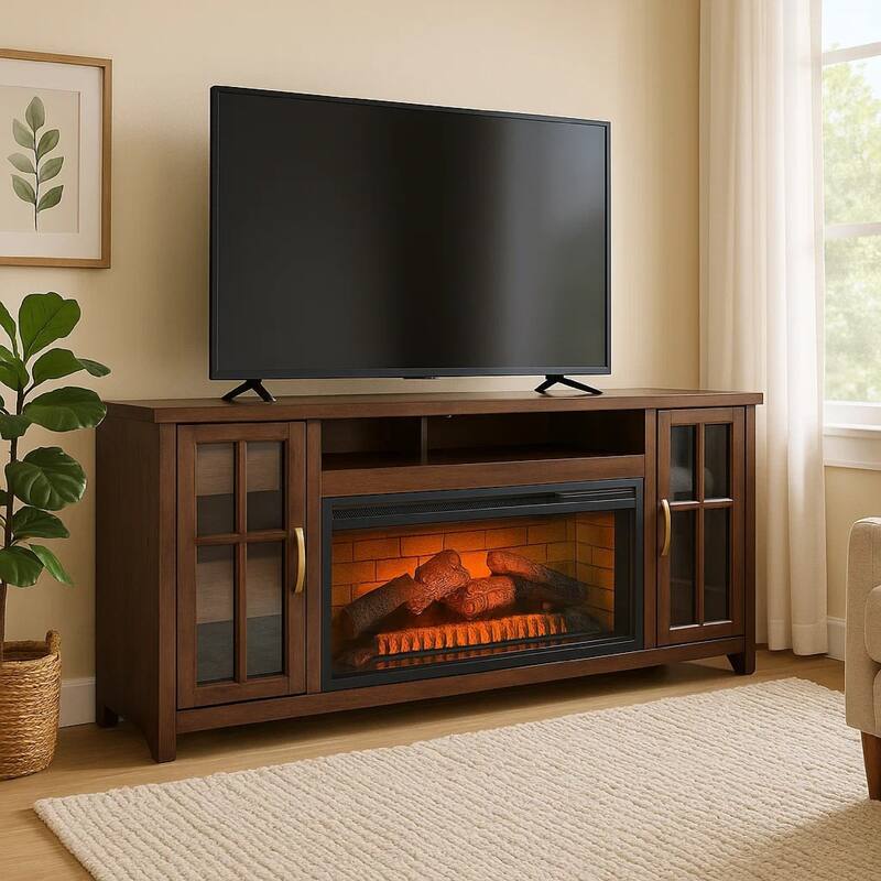 Gery TV Media Console w Log Fireplace Insert Option, 76 Inch, 2 Cabinets, Dark Brown