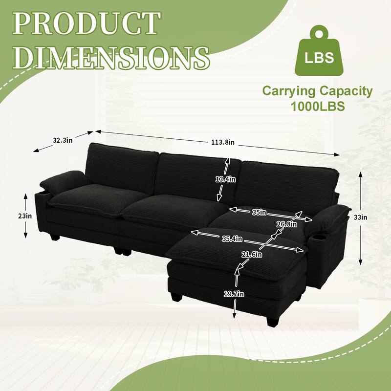 113" L Shaped Sectional Sofa, Deep Seat Cloud Couch with Ottoman, Oversized Corduroy Couch with Cup Holders, Storage Bags