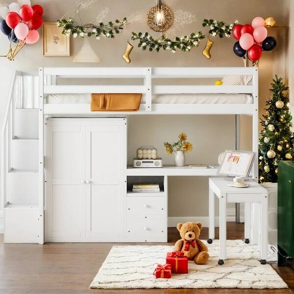 slide 2 of 19, Loft Bed with Storage Bookshelf,Kids Bed with Desk & Wardrobe,Twin Size,White White