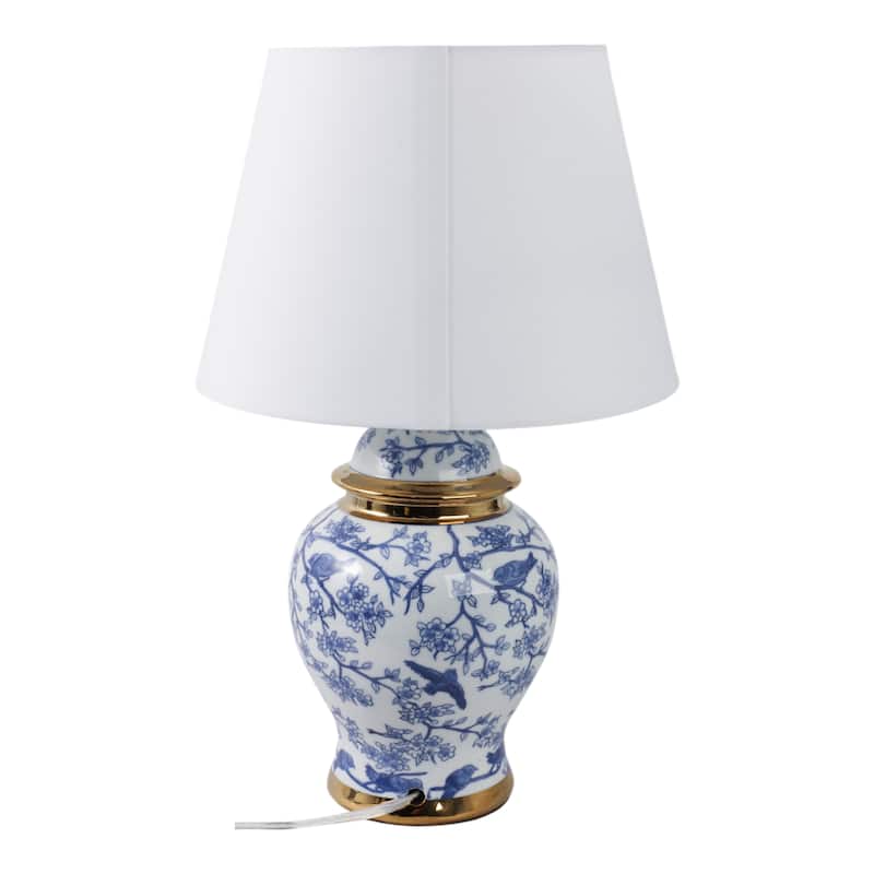 Ceramic Table Lamp Floral Bird Print with Accent Glam Decor - 19" Blue - 12" x 12" x 19"