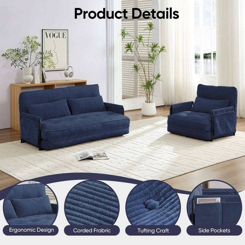 Mixoy Muti-Functional Folding Floor Sofa Bed,Lazy Sofa with Pillows,6 Position Adjustable Backrest-2+1
