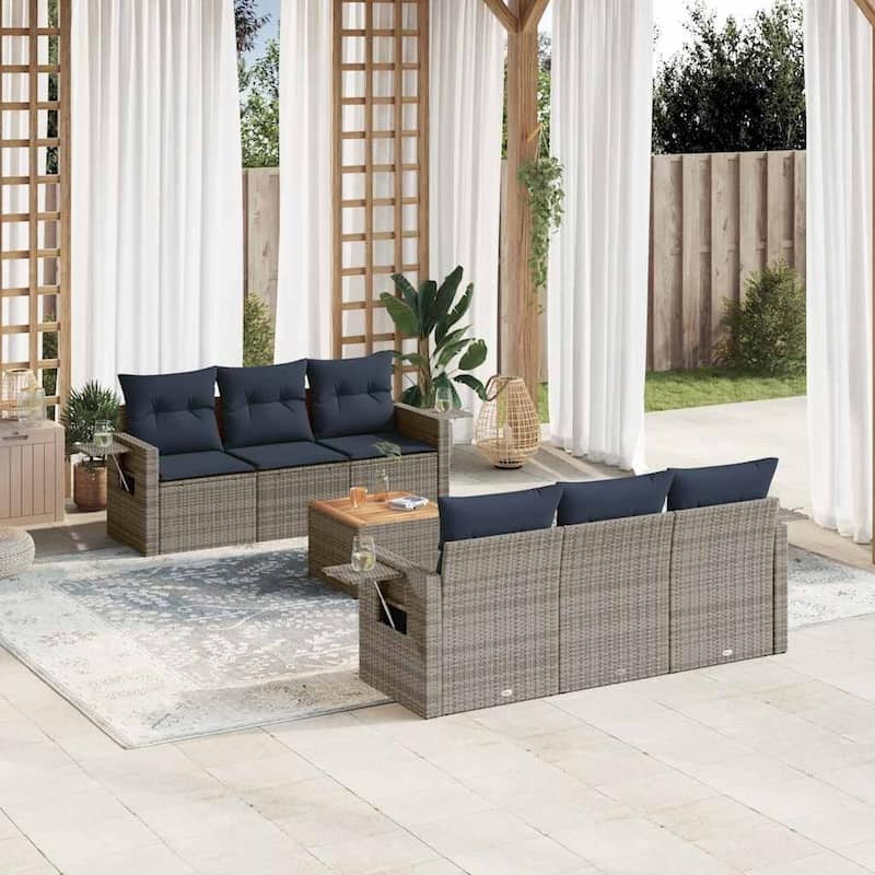vidaXL 7 Piece Patio Sofa Set with Cushions Black Poly Rattan - 21.7" x 24.4" x 27.2" - Grey and blue