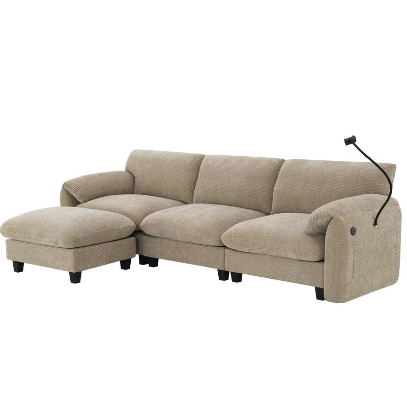 L-Shaped Modular Sectional Sofa with Ottoman, Chenille Upholstered Sofa with Charger Ports, Phone Holder & Storage Pockets