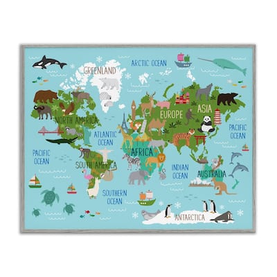 Stupell Kid's Animal World Map Favorite Regional Wildlife Framed Wall Art