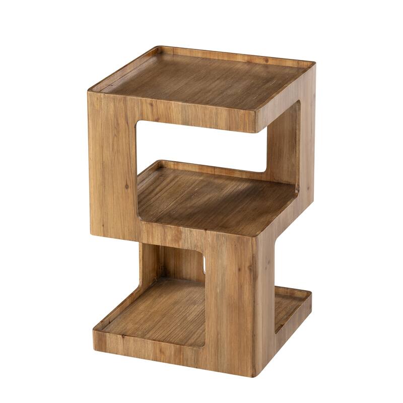 COZAYH Farmhouse Geometric Wood End Table, Distressed Accent Side Table with Two Storage Space, 3-Layer Cube Design
