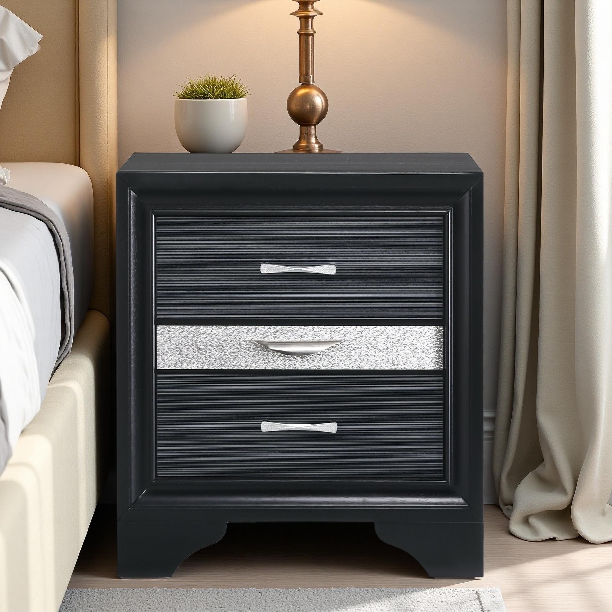 26.5"L Rubberwood and 3D Foil Veneer Contemporary Nightstand with 2 Drawers and Felt-Lined Jewelry Drawer, 3/4 Extension Storage