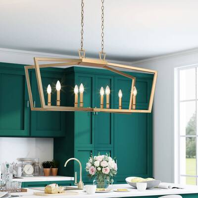 Zeci Modern Farmhouse 8-Light Gold Linear Lantern Chandelier Candle Kitchen Island Lights for Dining Room - L37"xW13"xH22"