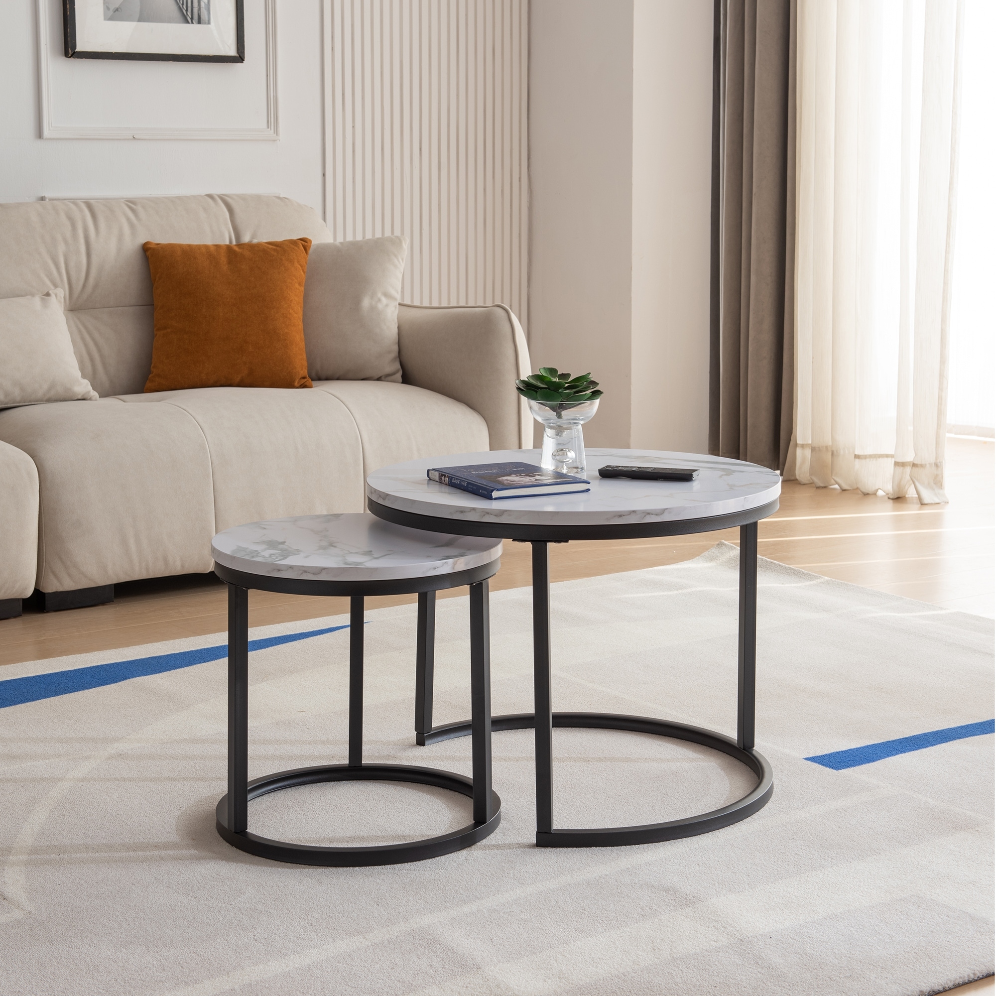 BESTCOSTY Modern Nesting coffee table,metal frame with marble color top-23.6 inch