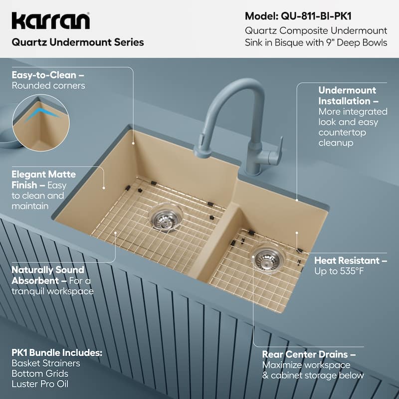 Karran 32" Undermount Large/Small Bowl Quartz Kitchen Sink Kit - 32" x 21.25" x 9"
