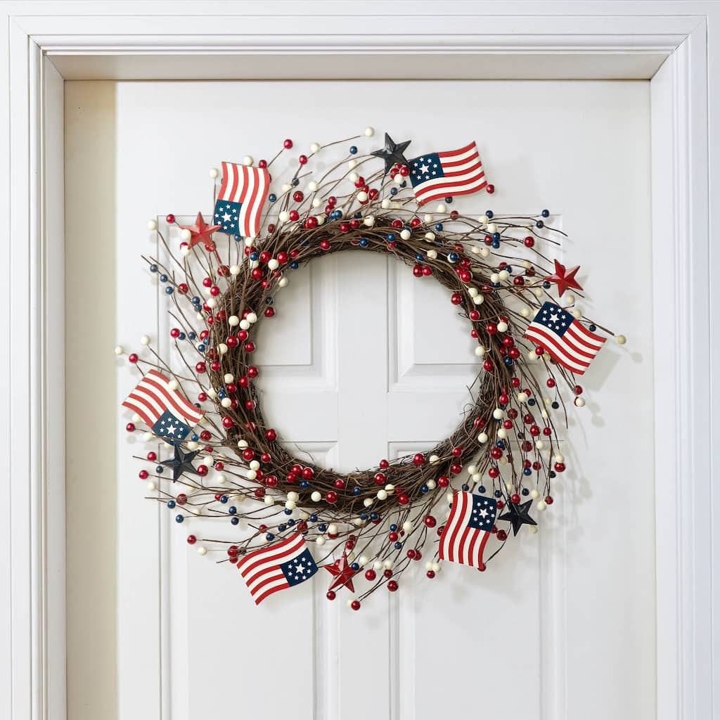 Glitzhome 22"D Artificial Patriotic Americana Flag and Berry Wreath