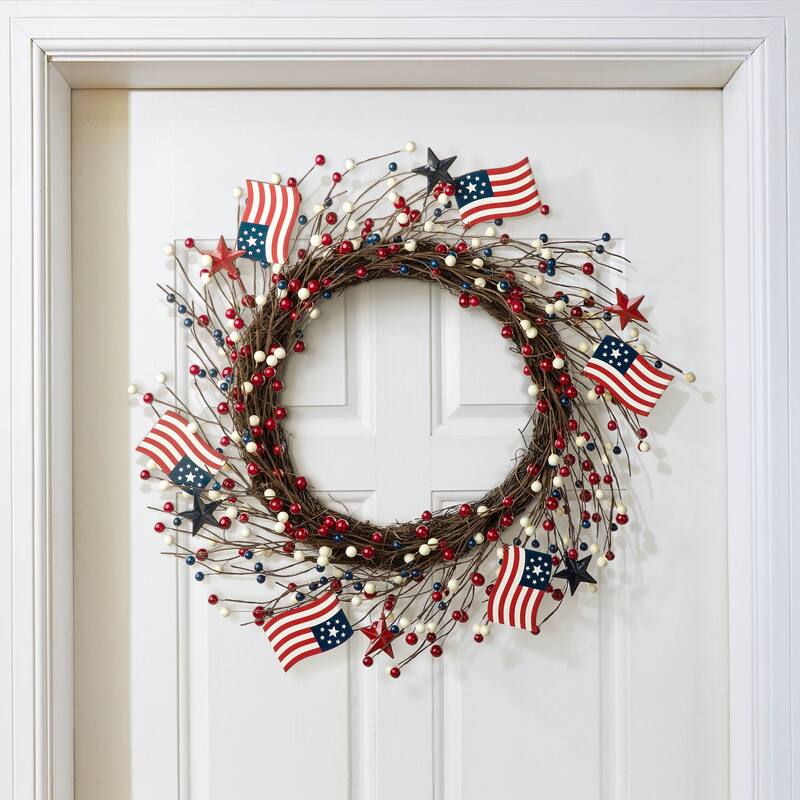 Glitzhome 22"D Artificial Patriotic Americana Flag and Berry Wreath