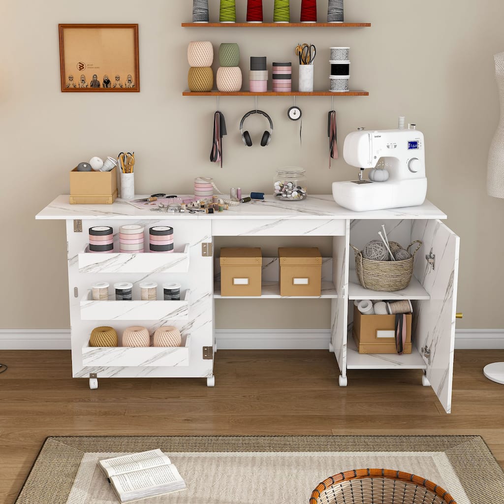 Anmytek Space Saving Folding Sewing Machine Desk with Storage Mobile Craft Table