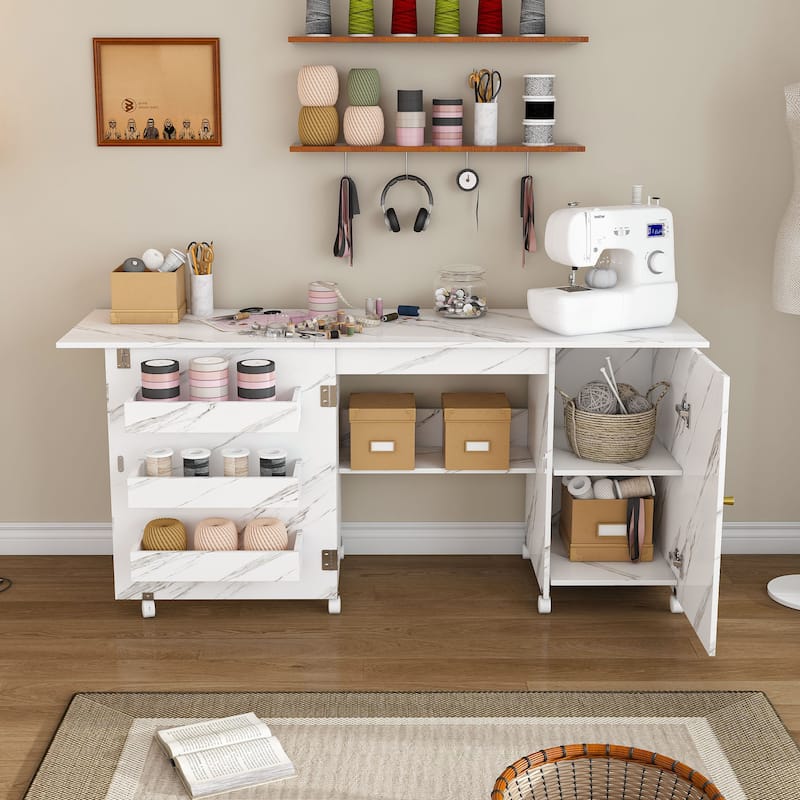 Foldable Sewing Table with Storage, 57.5" Craft Station with Locking Casters, Adjustable Cabinet & Shelves