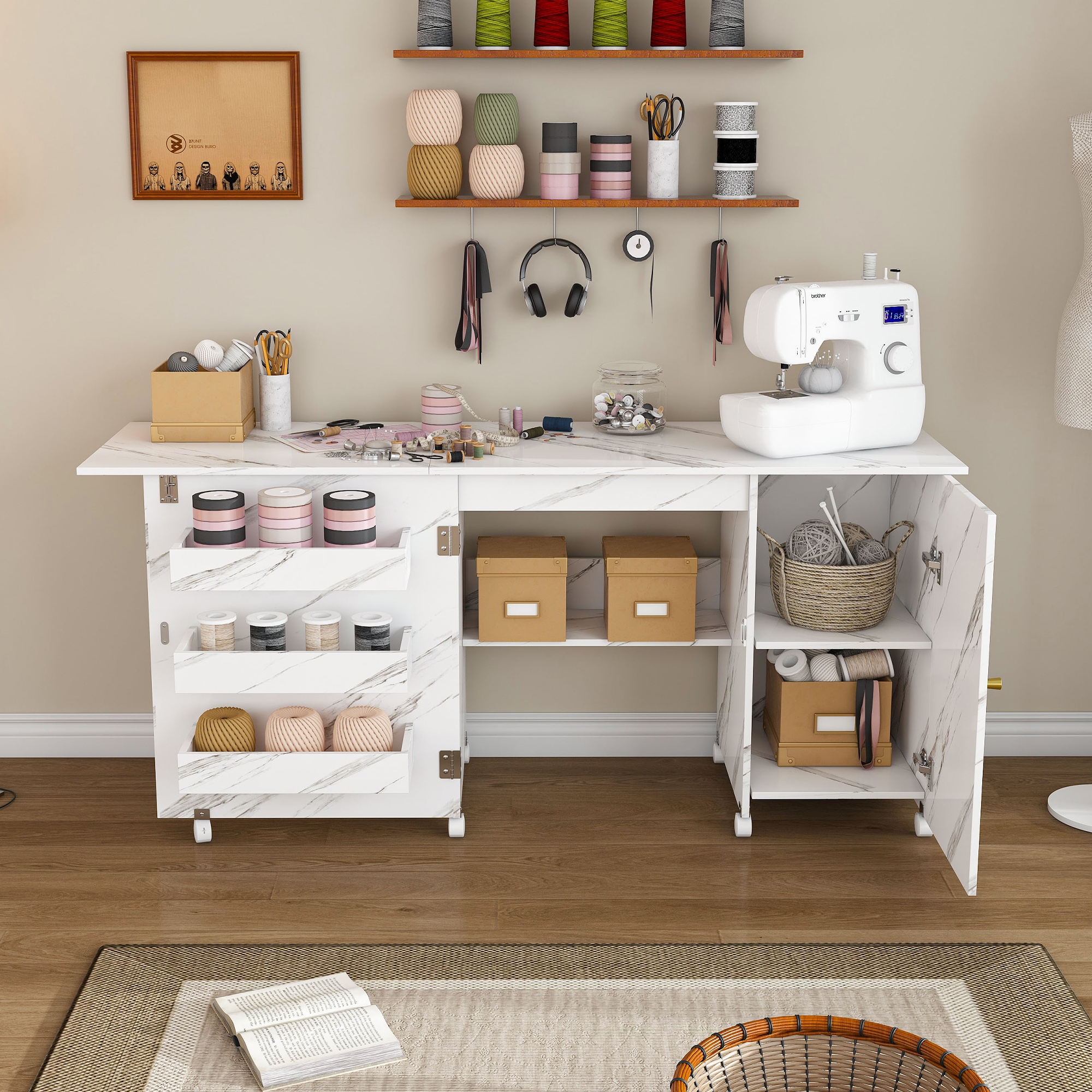 Foldable Sewing Table with Storage, 57.5