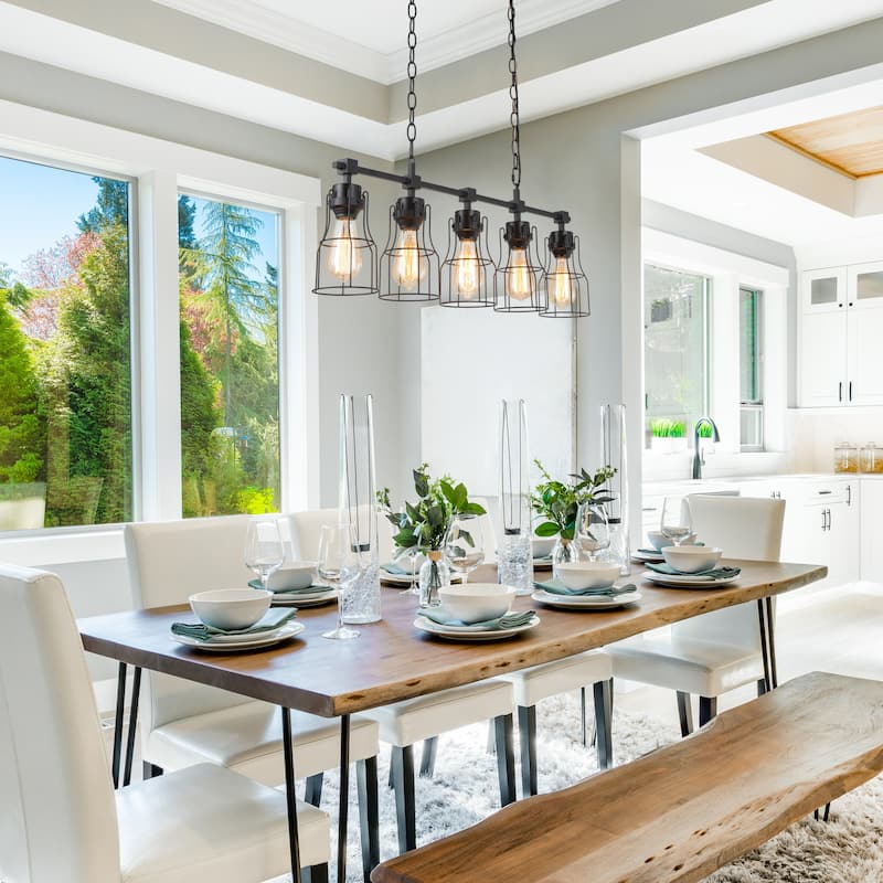 Kenid Farmhouse 5-Light 31" Matte Black and Wood Grain Linear Cage Kitchen Island Light - L32" x W5" x H11"