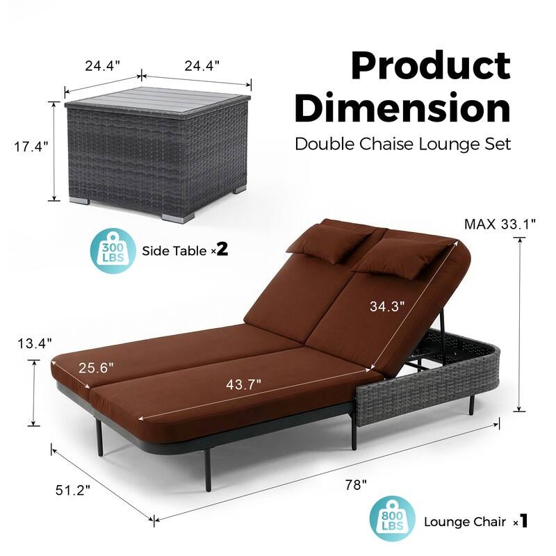 2-Person Outdoor Double Chaise Lounge with 2 Side Tables, Wicker Patio Reclining Daybed, Adjustable Backrests, 800 lb Capacity