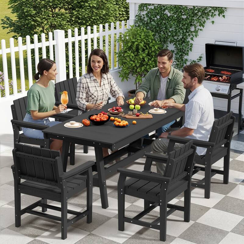 7-Piece HDPE Outdoor & Indoor Dining Set, Rectangular 67.91in W Table with Umbrella Hole and 6 Chairs Set of 7, Wood-Look Finish