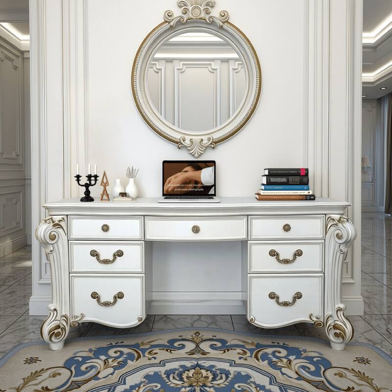 Antoine Vanity Desk, 7 Drawers, Antique Silver Wood, Gold, 65 Inch