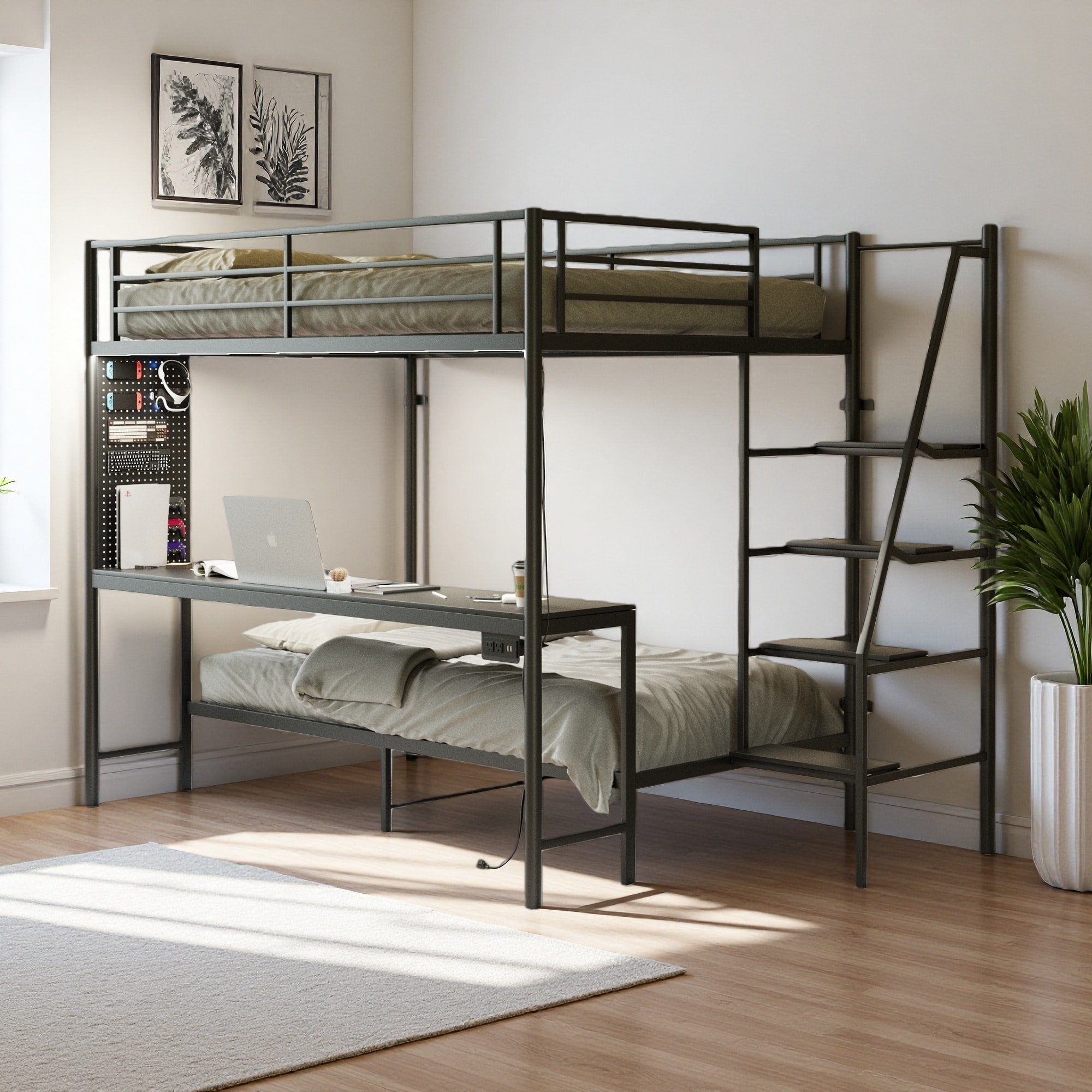 Full Size Metal Loft Bed with Twin Bunk, RGB LED Lights, Charging Socket, Desk, and Storage Stairs