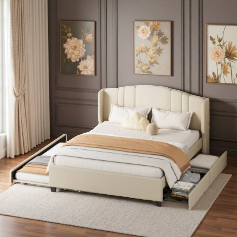 Queen Upholstered Bed Frame with Wingback Headboard, Twin Trundle & 2 Storage Drawers, Linen Fabric Platform Design - Beige