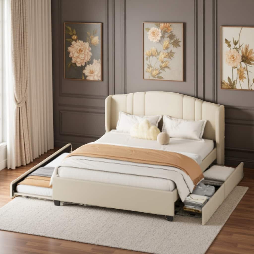 Queen Upholstered Bed Frame with Wingback Headboard, Twin Trundle & 2 Storage Drawers, Linen Fabric Platform Design