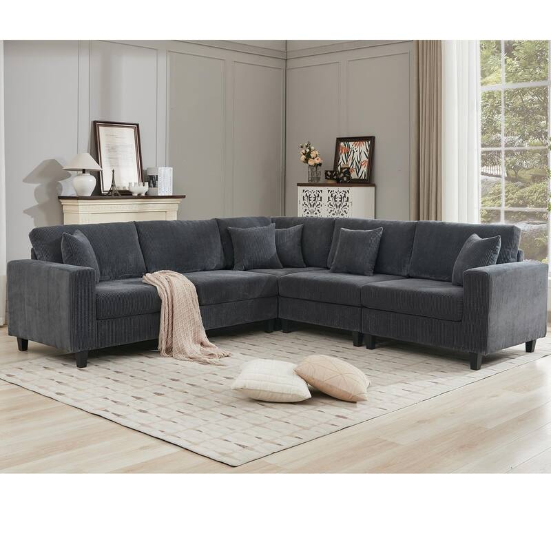Oversized Modular Sectional Sofa Set, L Shaped, Corduroy Upholstered, 5 Seat, Gray