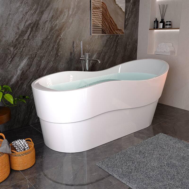 Empava 67 in. x 29.5 in. Freestanding Flat Bottom Bath Tub Soaking Bathtub with Left Drain in White