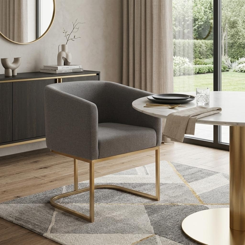 HomeRoots Dark Gray And Antiqued Brass Upholstered Fabric Dining Arm Chair - 24.00 in. x 30.25 in. x 22.50 in.