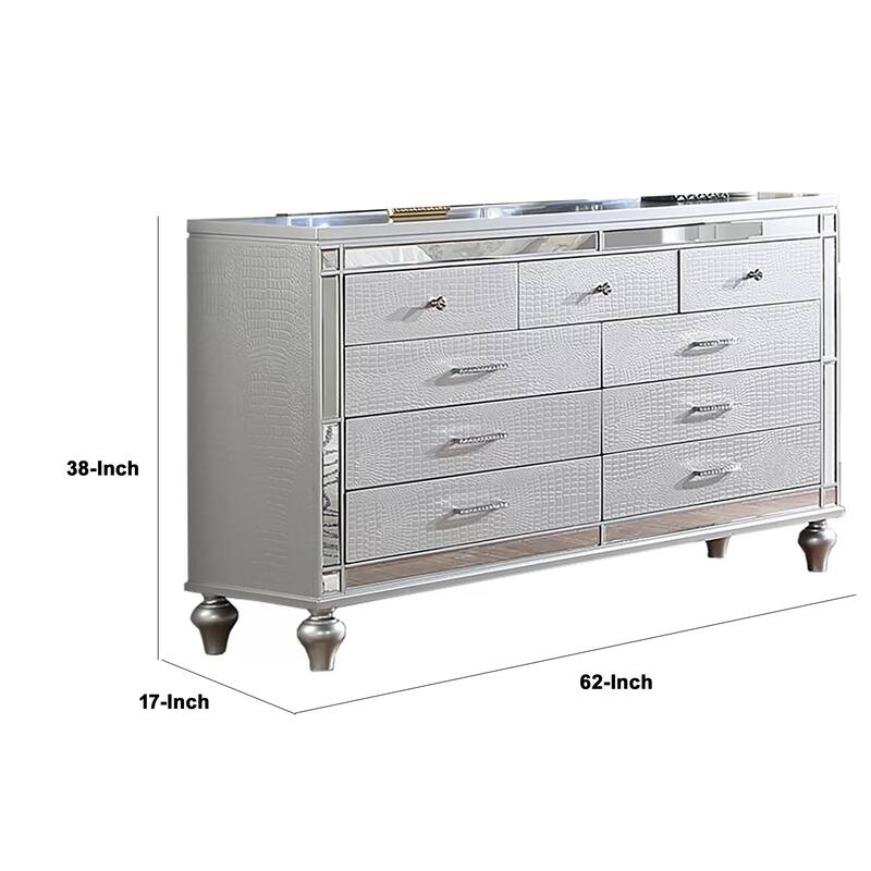 Bailey Wide Dresser, Mirror Trim and 9 Drawers, Silver Wood