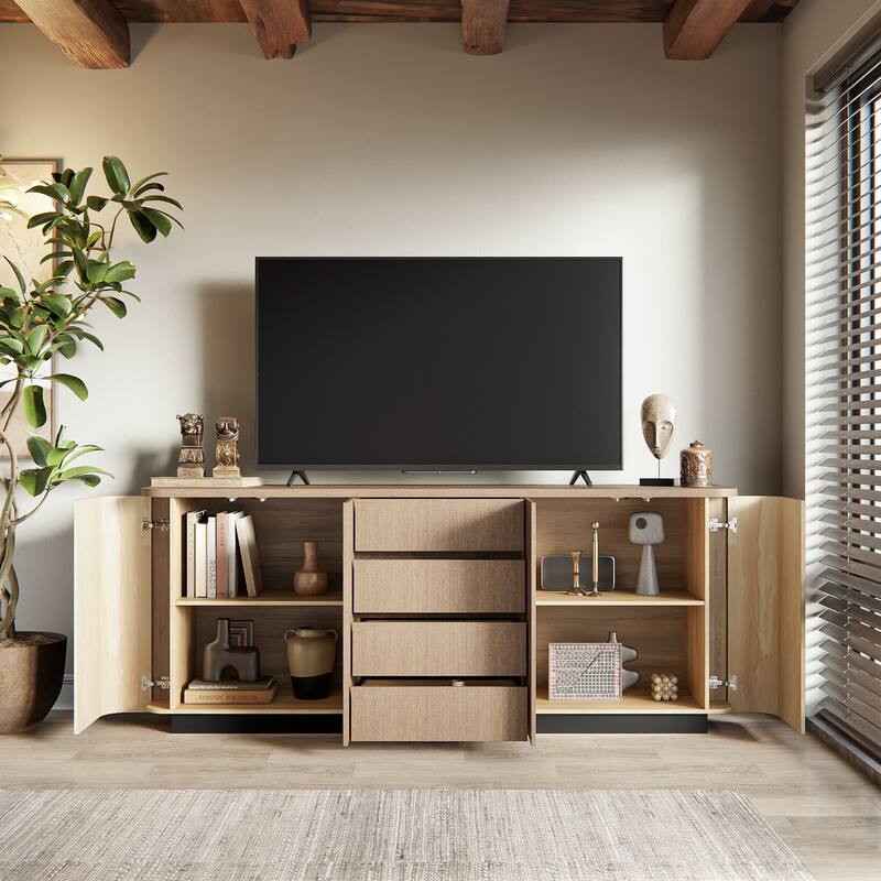 Light Oak Sideboard Buffet Cabinet with 4 Drawers & 2 Doors, Push-to-Open System, Waterproof Surface & Anti-Tip Kit Dresser