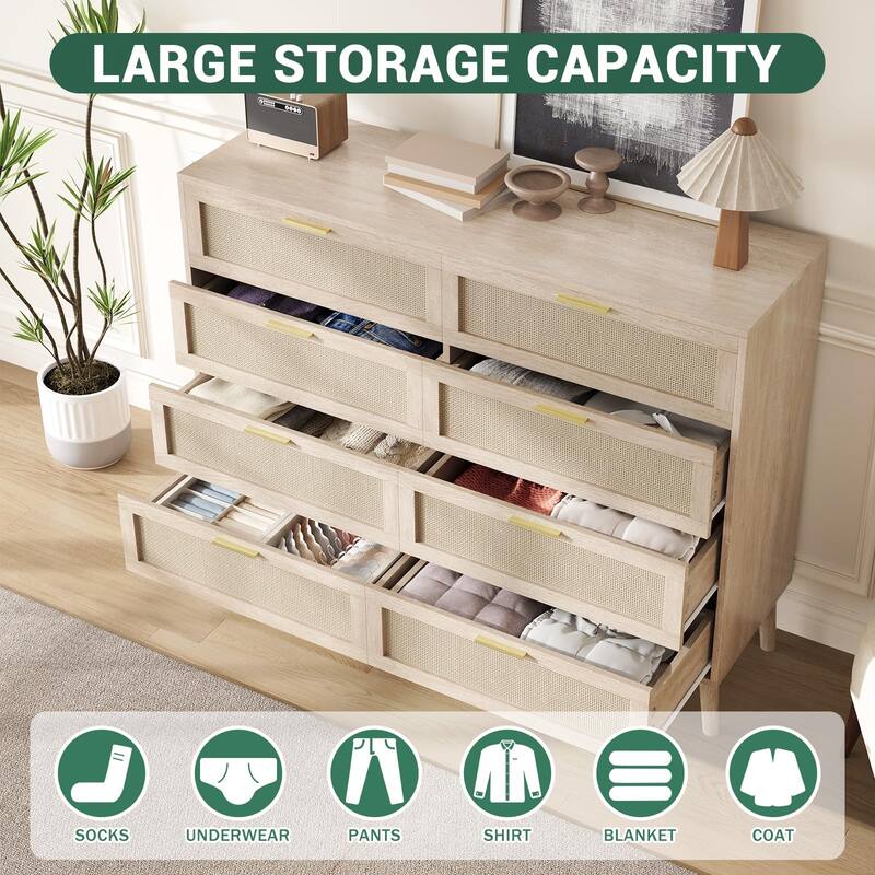 6/8 Drawer Dresser for Bedroom, Natural Rattan Dresser with Metal Handles, Farmhouse Chest of Drawer