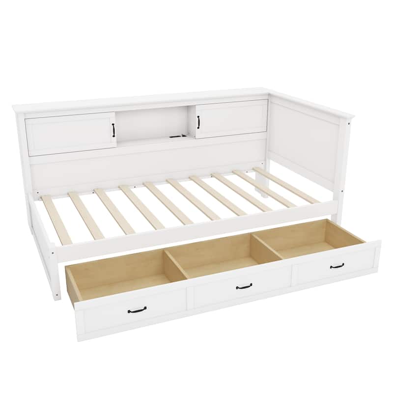 L-Shaped Corner Bed Frame with Drawer, Bookcase, LED Downlight and USB Port