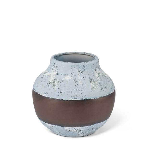 Shimmery Medium Antique Gray Ceramic Vase with Bronze Band