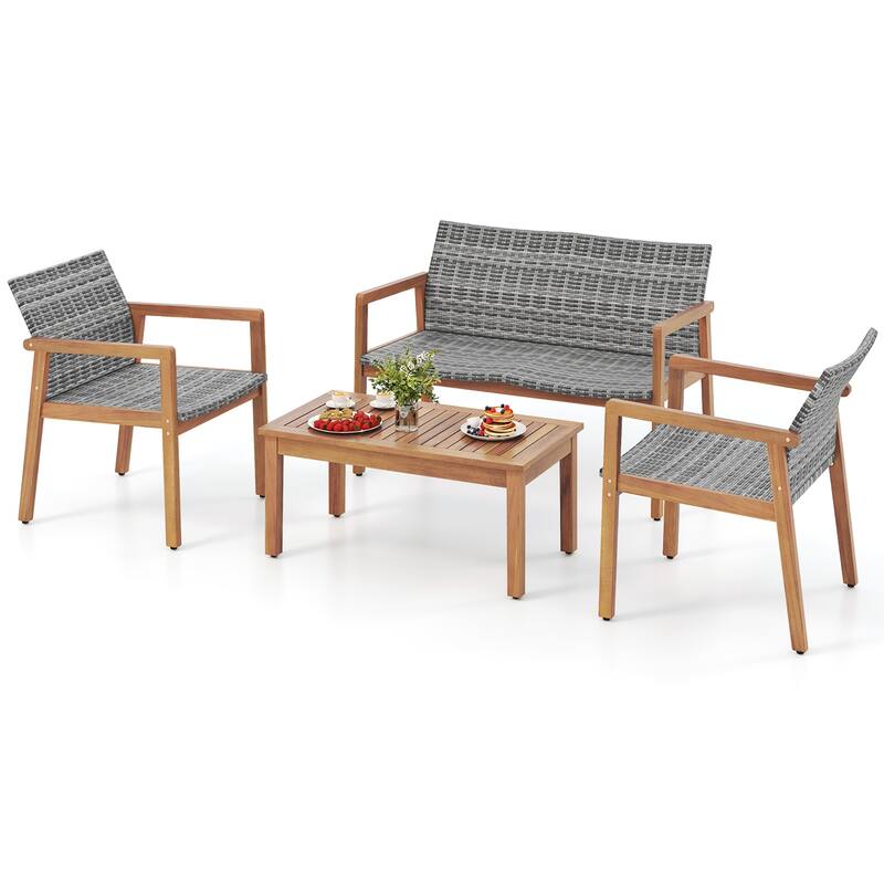 Gymax 4 Pieces Outdoor Furniture Set Acacia Wood Frame Sofa Set w/ - Mix Gray+Brown