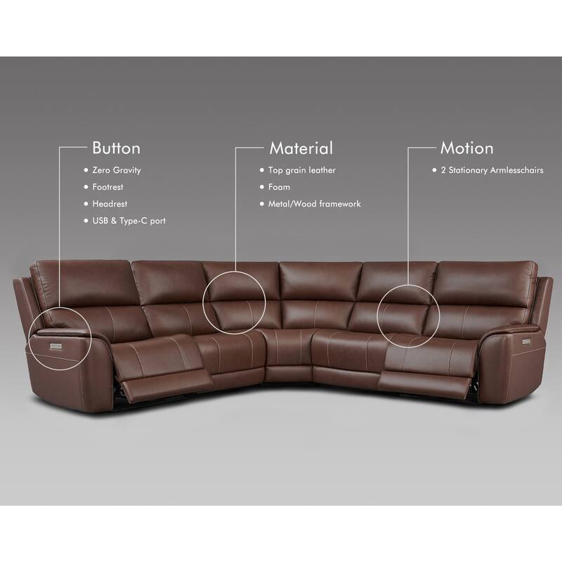 123''W Genuine Leather Power Double Width Sectional Sofa with Zero Gravity, Adjustable Headrest and USB&Type-C Ports