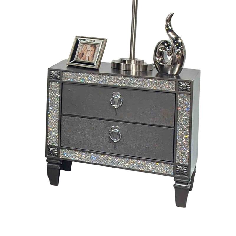 Glam Nightstand - Gray Finish with Nickel Ring Pulls & Tapered Legs
