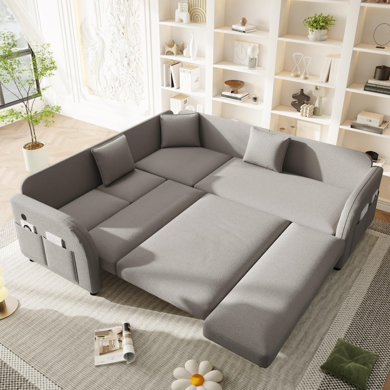 85.1" Teddy Upholstered Sofa with Pull-Out Bed and USB Port